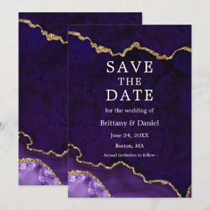 Save The Date Elégante aquarelle violet or Marbre Agate Géode