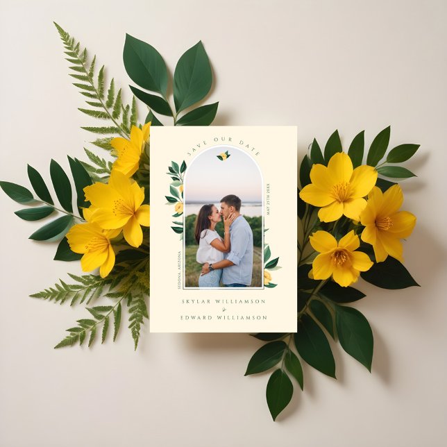 Save The Date Élégante Arche de citron floral Photo Jaune (Elegant Floral Lemon Tree Arch Photo Yellow Save The Date)