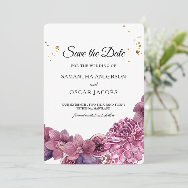 Save The Date Élégante Beauté Aquarelle Orchidées Roses & Violet (Debout devant)