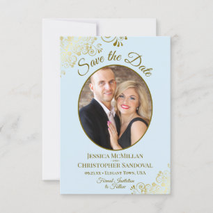 Save The Date Elégante Boucles d'or Oval Photo Powder Blue Wedde