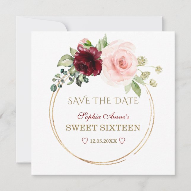 Save The Date Elégante Bourgogne Flush Flowers Or Sweet sixteen (Devant)