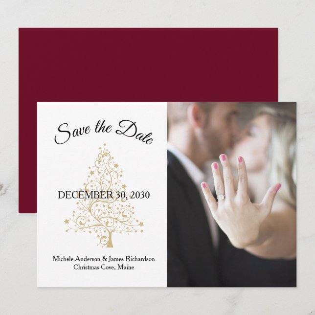 Save The Date Élégante Bourgogne Gold Holiday Mariage d'hiver Ph (Devant / Derrière)