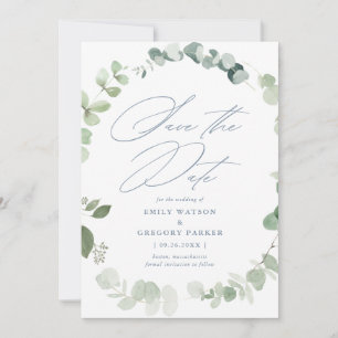 Save The Date Élégante calligraphie d'Eucalyptus Mariage bleu Du