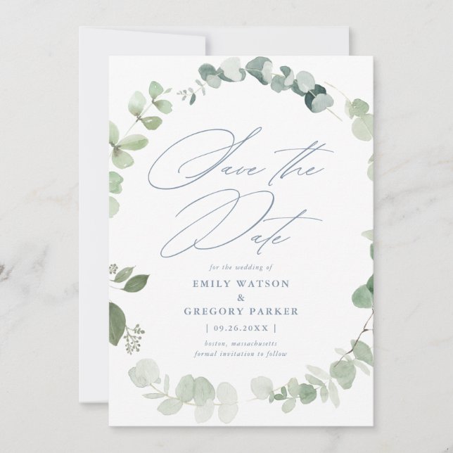 Save The Date Élégante calligraphie Eucalyptus Mariage bleu Dust (Devant)