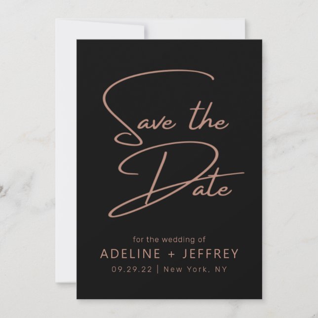 Save The Date Élégante calligraphie moderne Rose noir Mariage or (Devant)