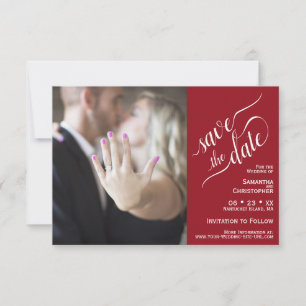 Save The Date Élégante calligraphie Rouge 2 Volet Photo Mariage