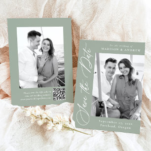 Save The Date Élégante calligraphie Sage Green Photo QR Code