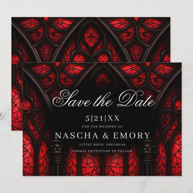 Save The Date Elégante cathédrale rouge et noire Mariage gothiqu (Devant / Derrière)