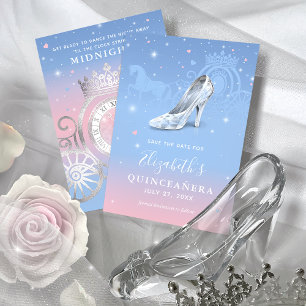 Save The Date Élégante Cendrillon Bleu Clair et Rose Quinceanera