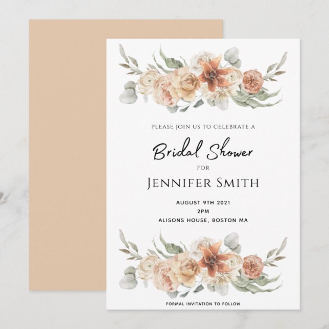Save The Date élégante chic pêche rose fleurs nuptiale douche (Devant / Derrière)