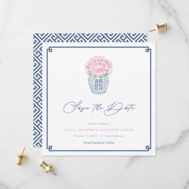 Save The Date Élégante Chinoiserie Marine bleu rose Printemps ma (Devant/Arrière en situation)