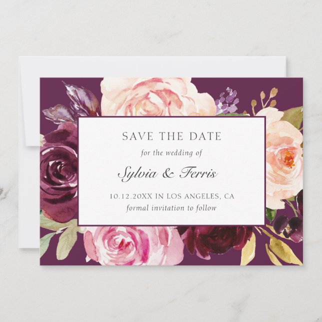 Save The Date Élégante chute florale violette (Devant)