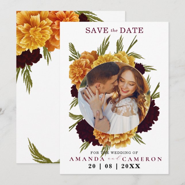 Save The Date Elégante couleur rouge bordeaux "MARIGOLD" Photo (Devant / Derrière)