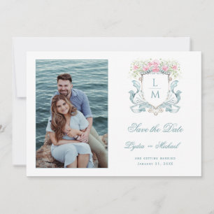 Save The Date Élégante crête de mariage avec Rose   Monogramme