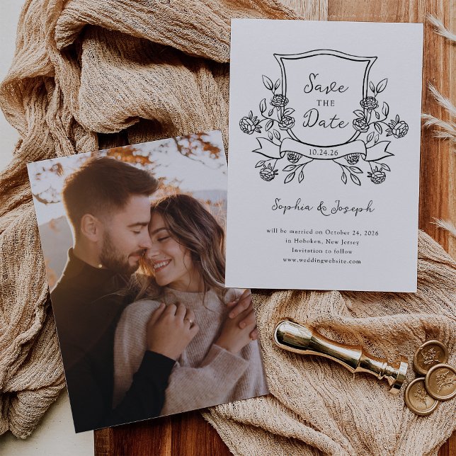 Save The Date Élégante crête | Noir et blanc et photo (Créateur téléchargé)