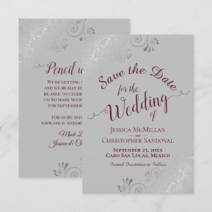 Save The Date Elégante dentelle argentée Bourgogne sur Mariage g