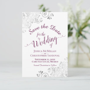Save The Date Elégante dentelle argentée violet sur Mariage blan