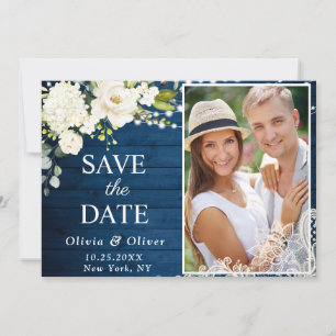 Save The Date Elégante dentelle blanche Roses dentelle bois Rust