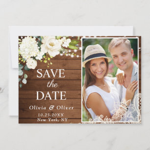 Save The Date Elégante dentelle blanche Roses dentelle bois Rust