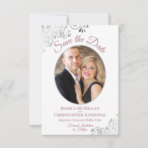 Save The Date Elégante dentelle d'argent Mauve sur Mariage blanc