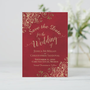 Save The Date Élégante dentelle d'or sur Mariage rouge Crimson