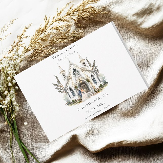 Save The Date Elégante Eglise aquarelle Lieu Manoir Mariage (Créateur téléchargé)