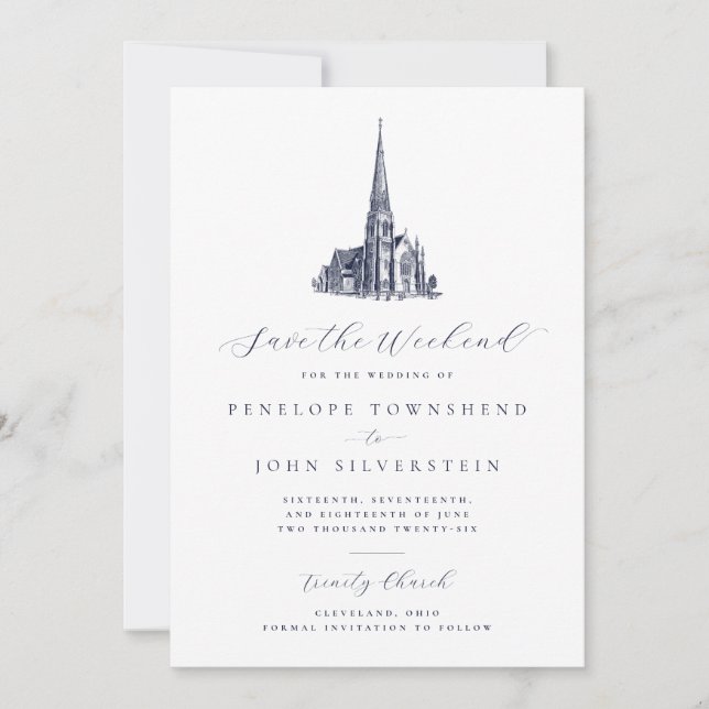 Save The Date Élégante église Sauvez le Mariage du week-end (Devant)