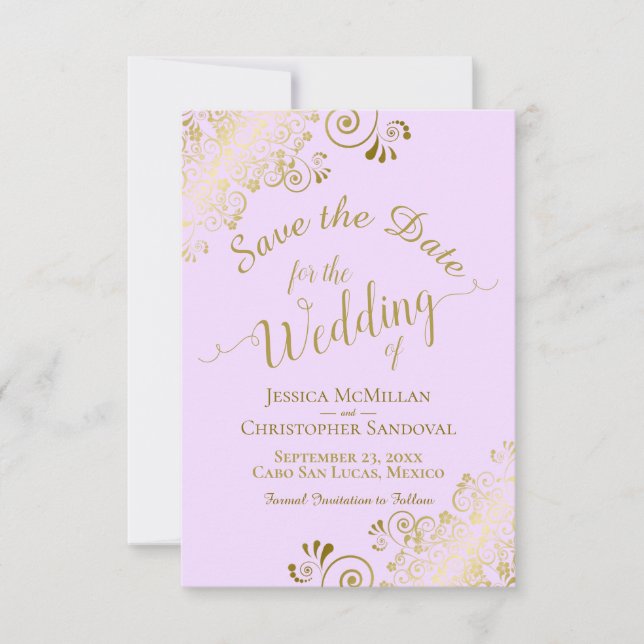 Save The Date Elégante Filigree dentelle d'or sur Mariage violet (Devant)