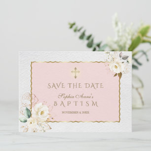 Save The Date Elégante Fleurs d'or blanc Croix Baptême fille