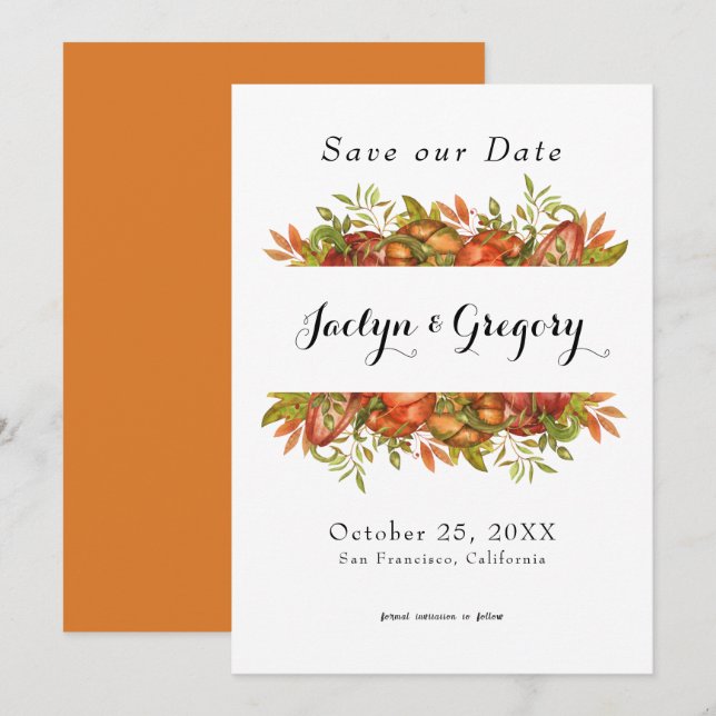 Save The Date Élégante florale Citrouille d'automne tombent (Devant / Derrière)