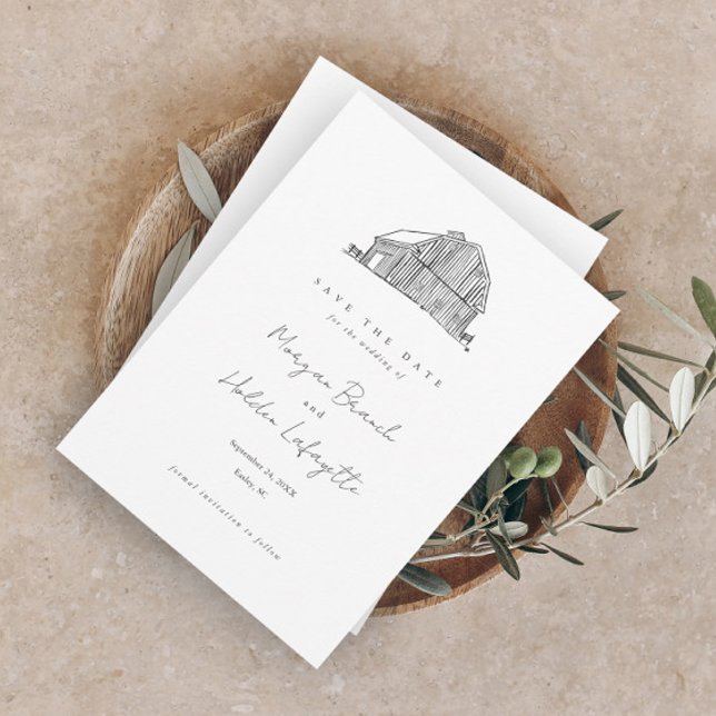 Save The Date Élégante Grange noir et blanc Mariage rustique (Rustic hand-drawn black and white barn elegant wedding save the date.)