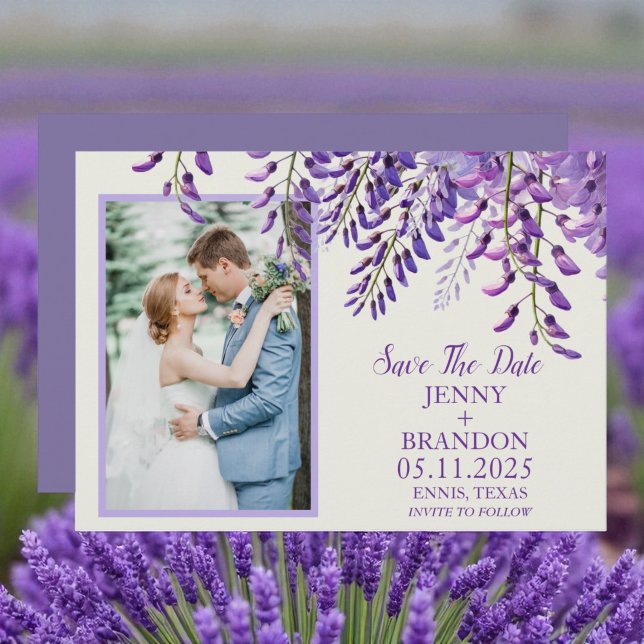 Save The Date Elégante Lavande de Wisteria Purple Floral Photo (Créateur téléchargé)