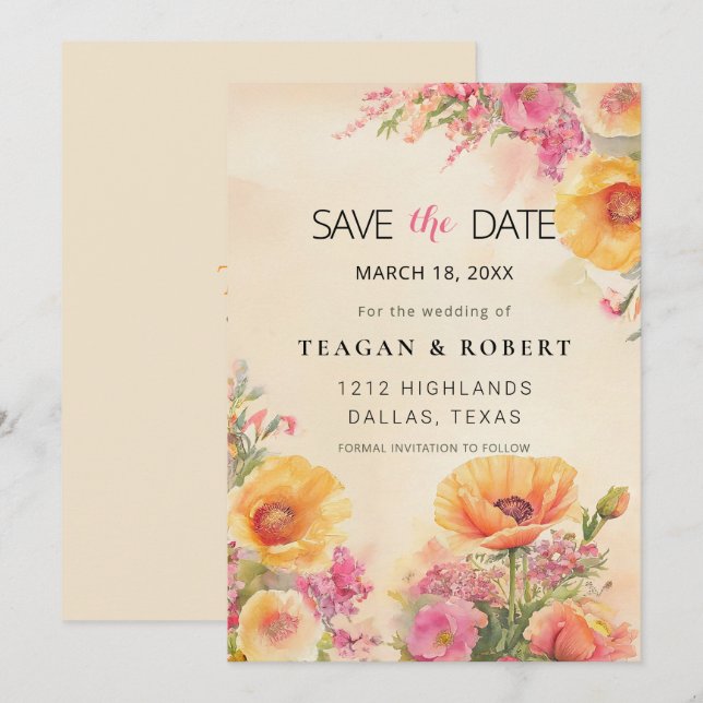 Save The Date Elégante Pêche Et Aquarelle Rose (Devant / Derrière)