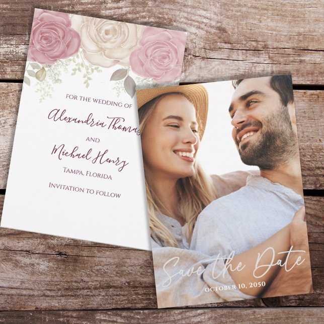 Save The Date Elégante photo Aquarelle Bourgogne Floral Rose (Créateur téléchargé)
