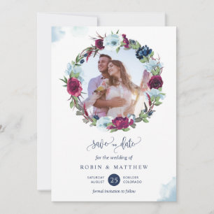 Save The Date Élégante photo Burgundy Berry Blue Wreath Mariage