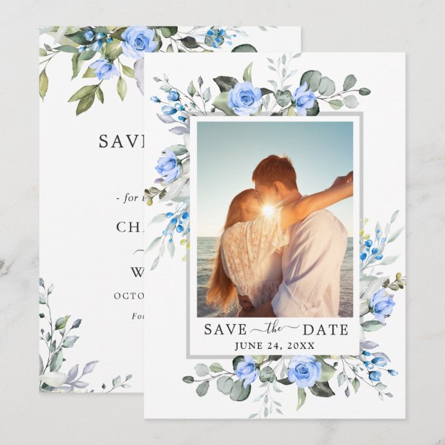 Save The Date Élégante Photo de mariage au eucalyptus aquarelle (Devant / Derrière)