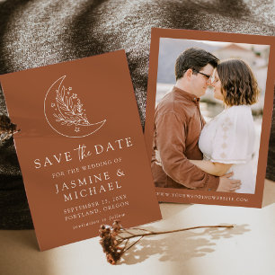 Save The Date Élégante Photo en Terracotta Lune et Étoiles Botan