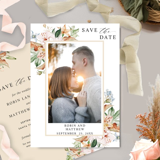 Save The Date Elégante photo Fleurs de terre et Mariage beige (Créateur téléchargé)