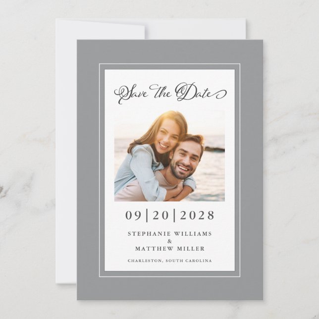 Save The Date Élégante Photo Gris Blanc Enregistrer Le Fiançaill (Devant)