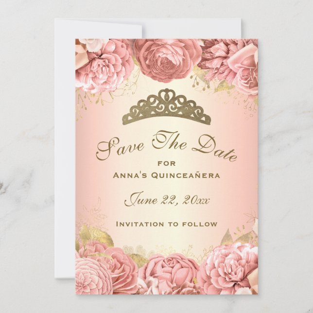 Save The Date Élégante Quinceanera florale rose pâle (Devant)