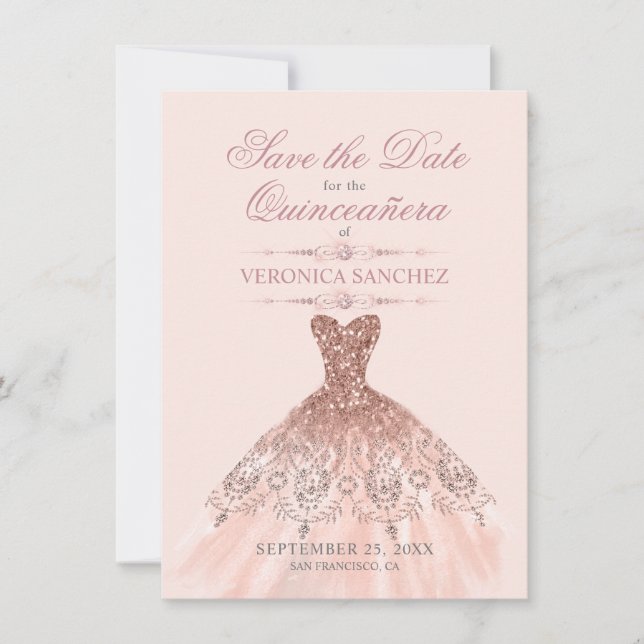 Save The Date Élégante robe rose rose blanche Quinceañera (Devant)
