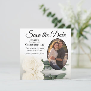 Save The Date Elégante rose blanche ivoire avec Mariage photo ov