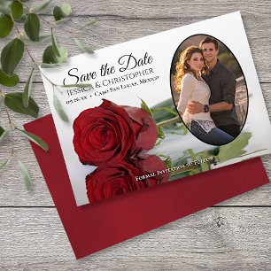 Save The Date Elégante Rose rouge avec Mariage photo ovale