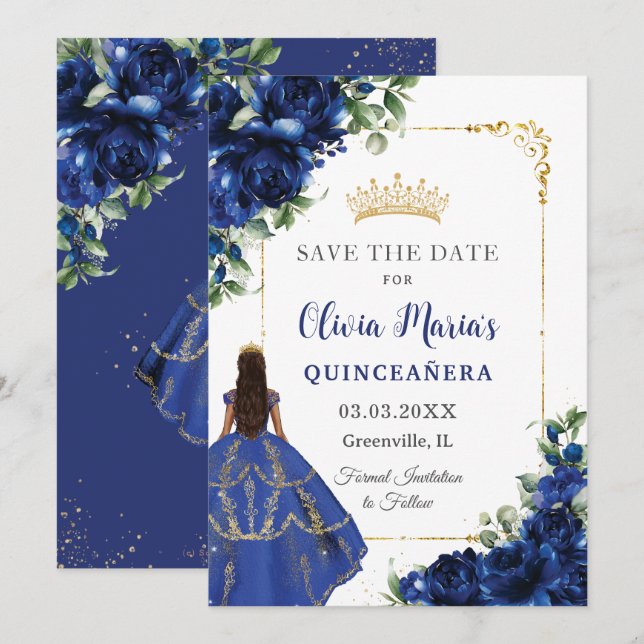 Save The Date Elégante Royal Blue Flowers Princesse Quinceañera (Devant / Derrière)