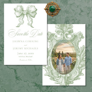 Save The Date Élégante Toile Verte Sage de Manoir Français Photo