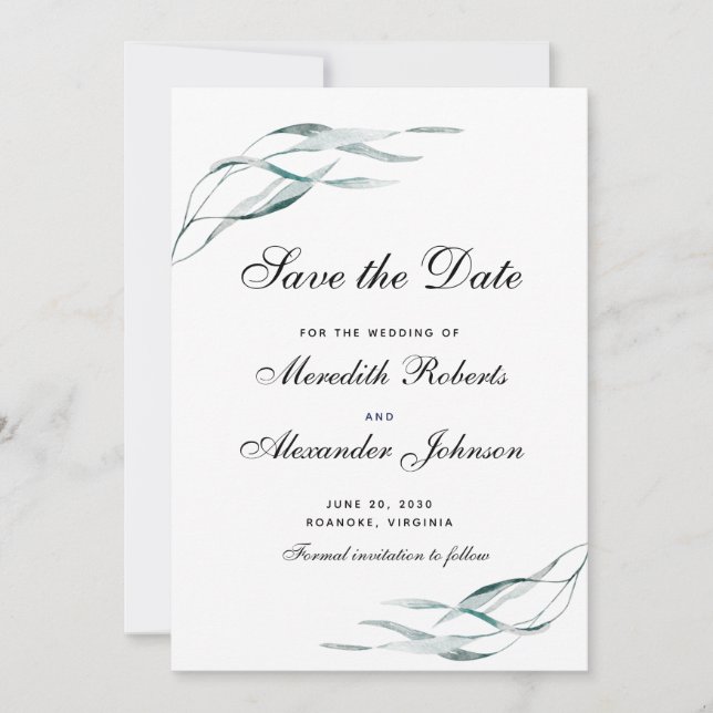 Save The Date Élégante typographie Eucalyptus Feuille Mariage (Devant)