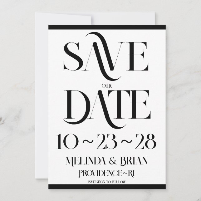 Save The Date Élégante typographie Flare noir et blanc (Devant)