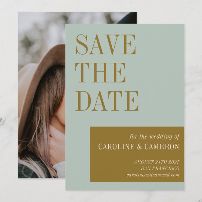 Save The Date Élégante typographie Mariage photo Blue Gold (Devant / Derrière)