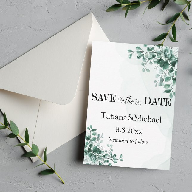 Save The Date élégante typographie moderne Eucalyptus aquarelle (Créateur téléchargé)