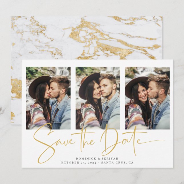 Save The Date Élégante Typographie Script Marbre Or (Devant / Derrière)